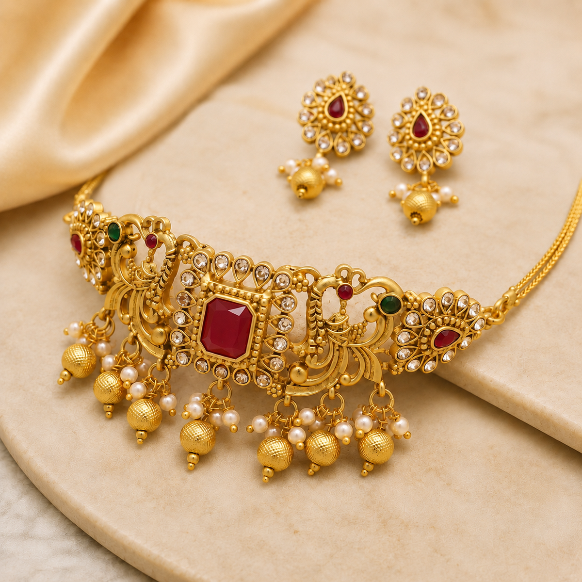 Maharani Ruby Heritage Neck Choker Set