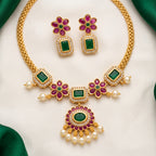 Emerald Bloom Temple Necklace Set with Pearl Drops