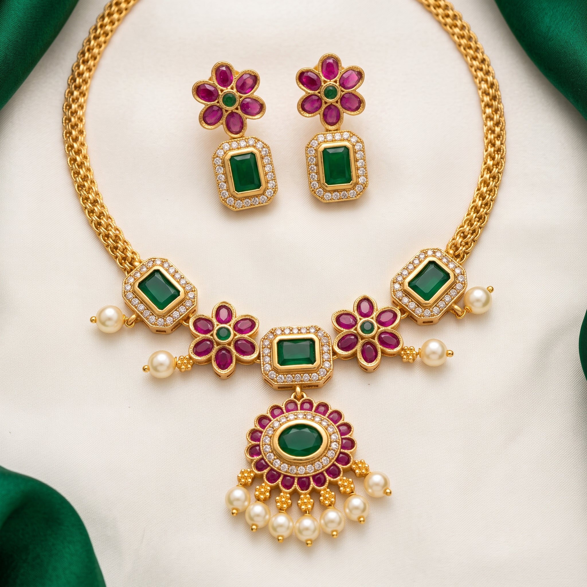 Emerald Bloom Temple Necklace Set with Pearl Drops
