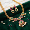 Emerald Bloom Temple Necklace Set with Pearl Drops