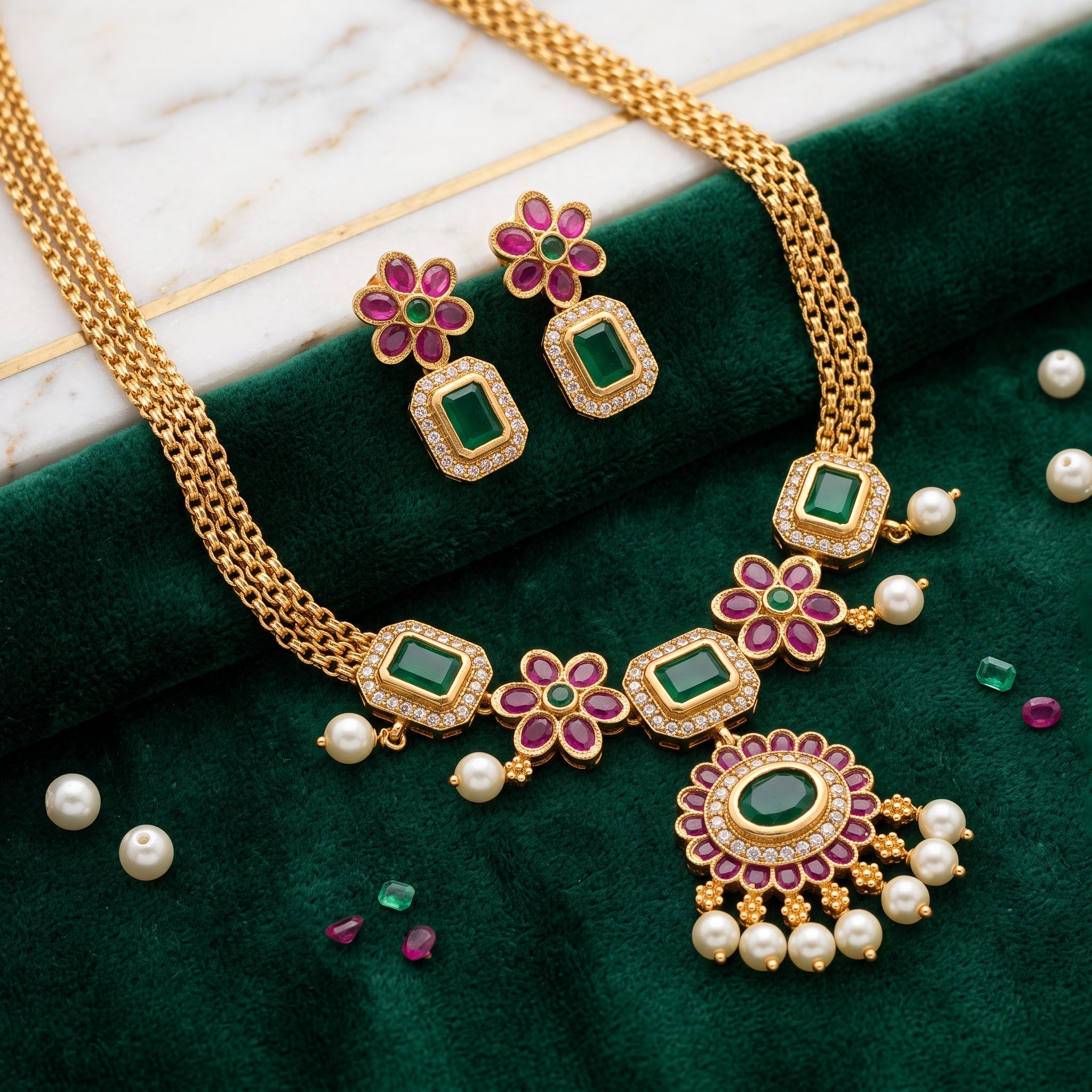 Emerald Bloom Temple Necklace Set with Pearl Drops