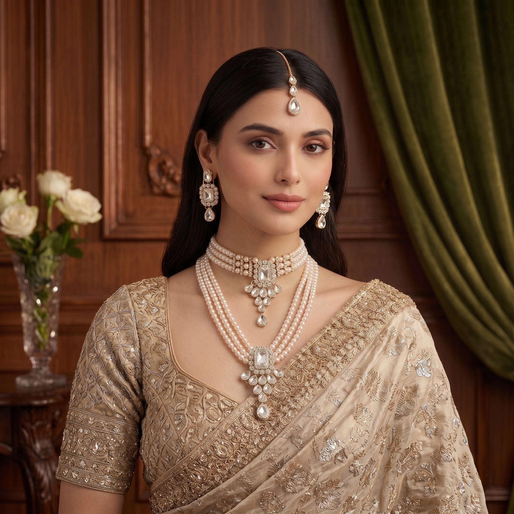 Rajvanshi Pearl Kundan Bridal Jewellery Set | Necklace + Earrings + Maang Tikka