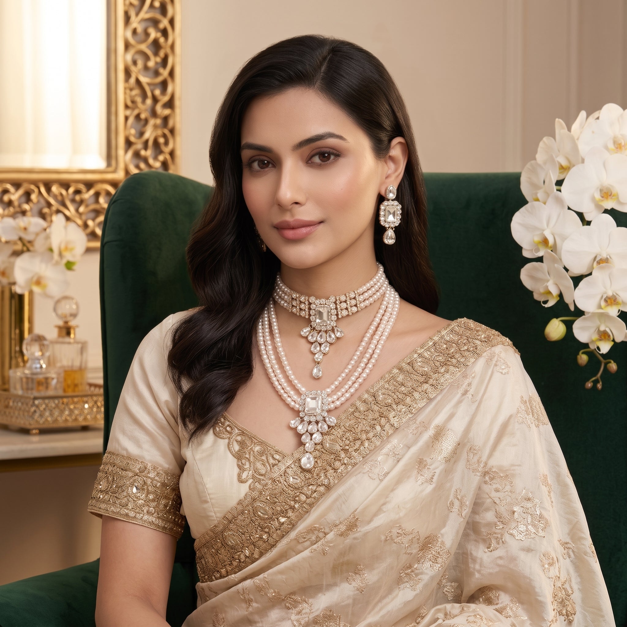 Rajvanshi Pearl Kundan Bridal Jewellery Set | Necklace + Earrings + Maang Tikka