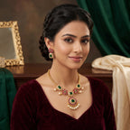 Emerald Bloom Temple Necklace Set with Pearl Drops