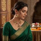 Emerald Bloom Temple Necklace Set with Pearl Drops