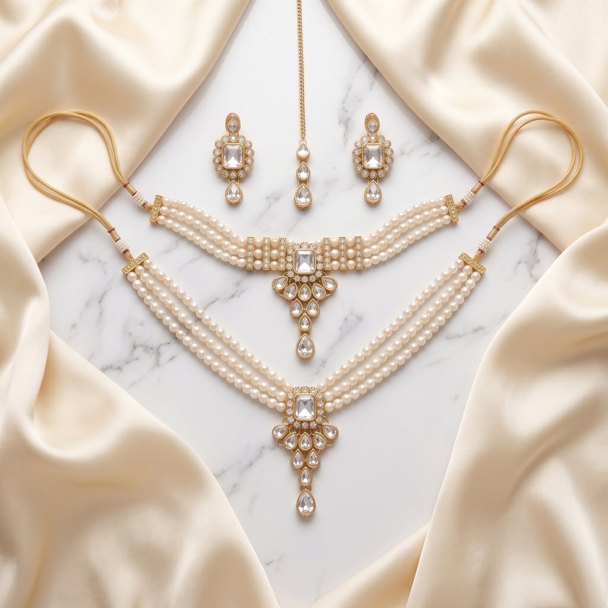 Rajvanshi Pearl Kundan Bridal Jewellery Set | Necklace + Earrings + Maang Tikka