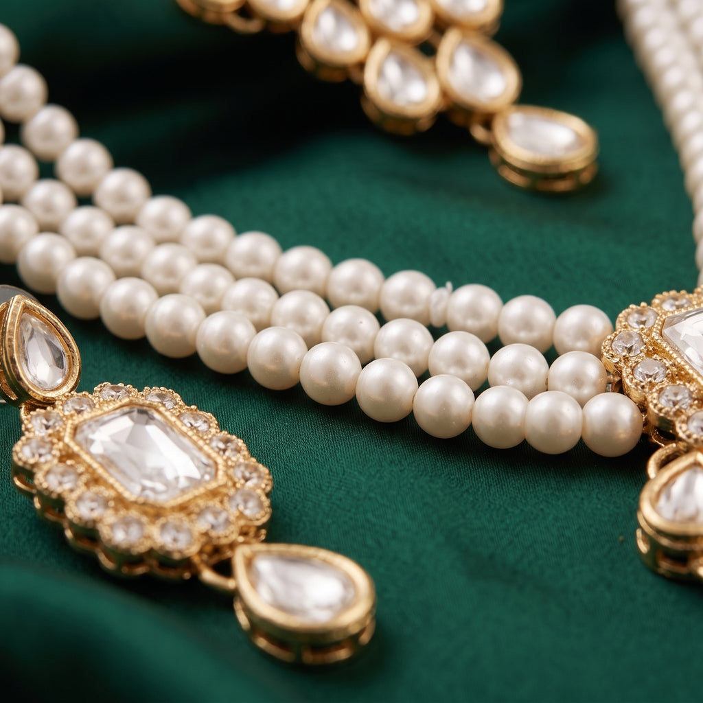 Rajvanshi Pearl Kundan Bridal Jewellery Set | Necklace + Earrings + Maang Tikka