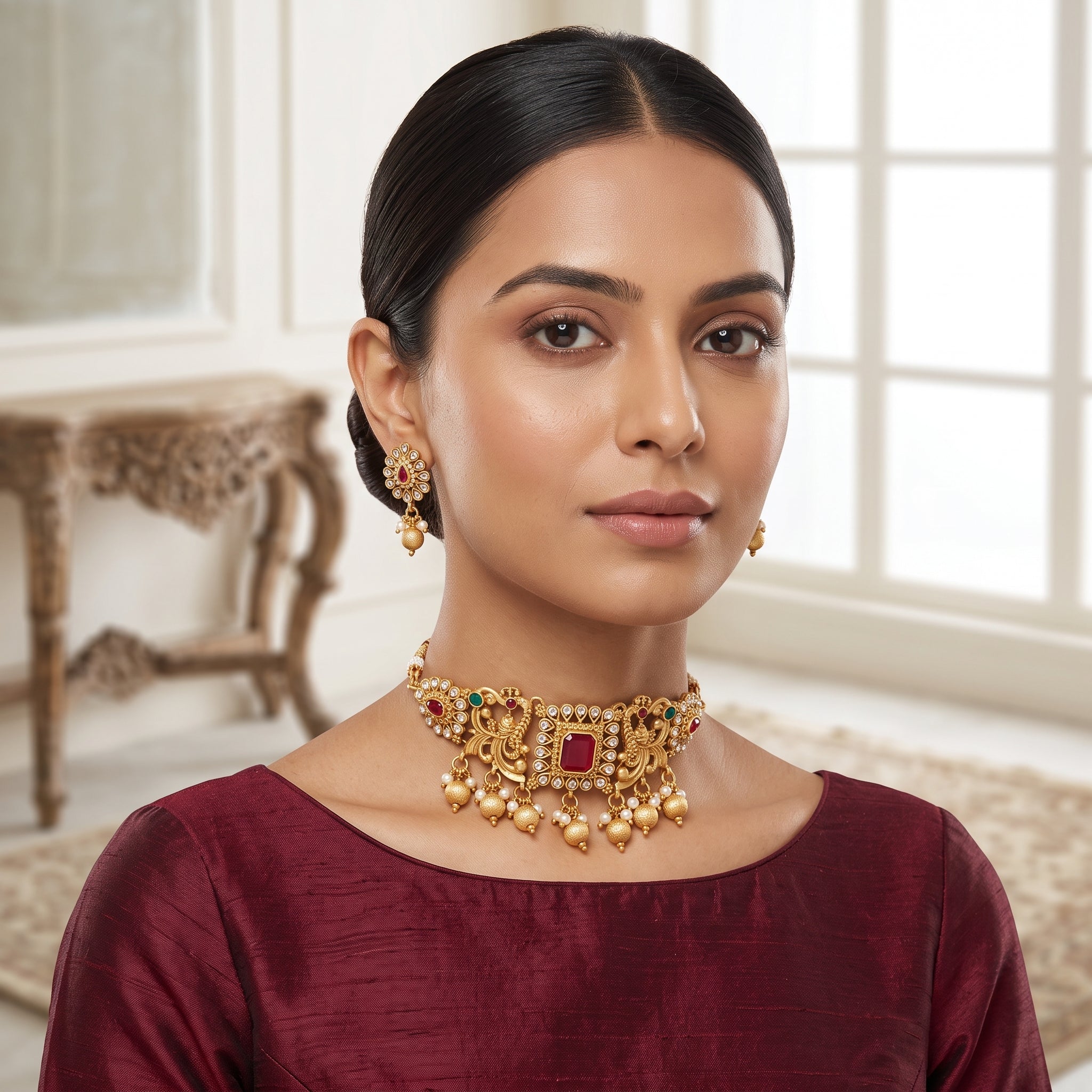 Maharani Ruby Heritage Neck Choker Set
