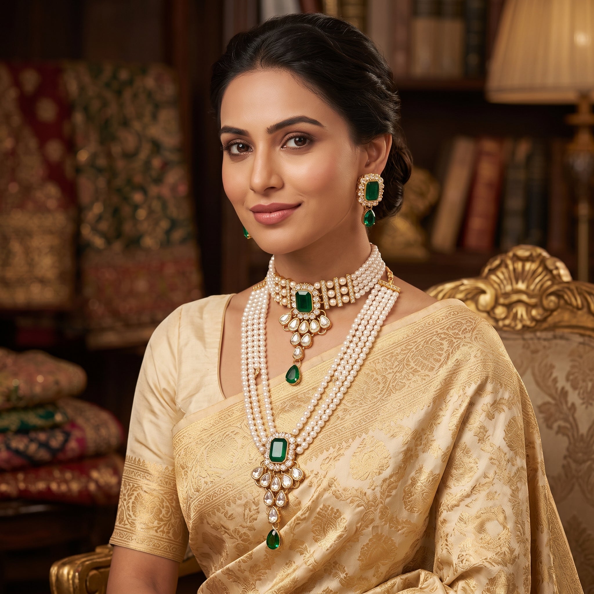 Maharani Emerald Pearl Bridal Layered Set