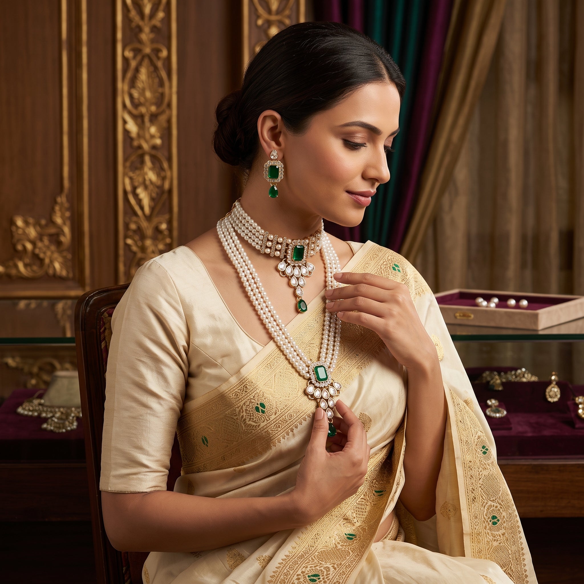Maharani Emerald Pearl Bridal Layered Set