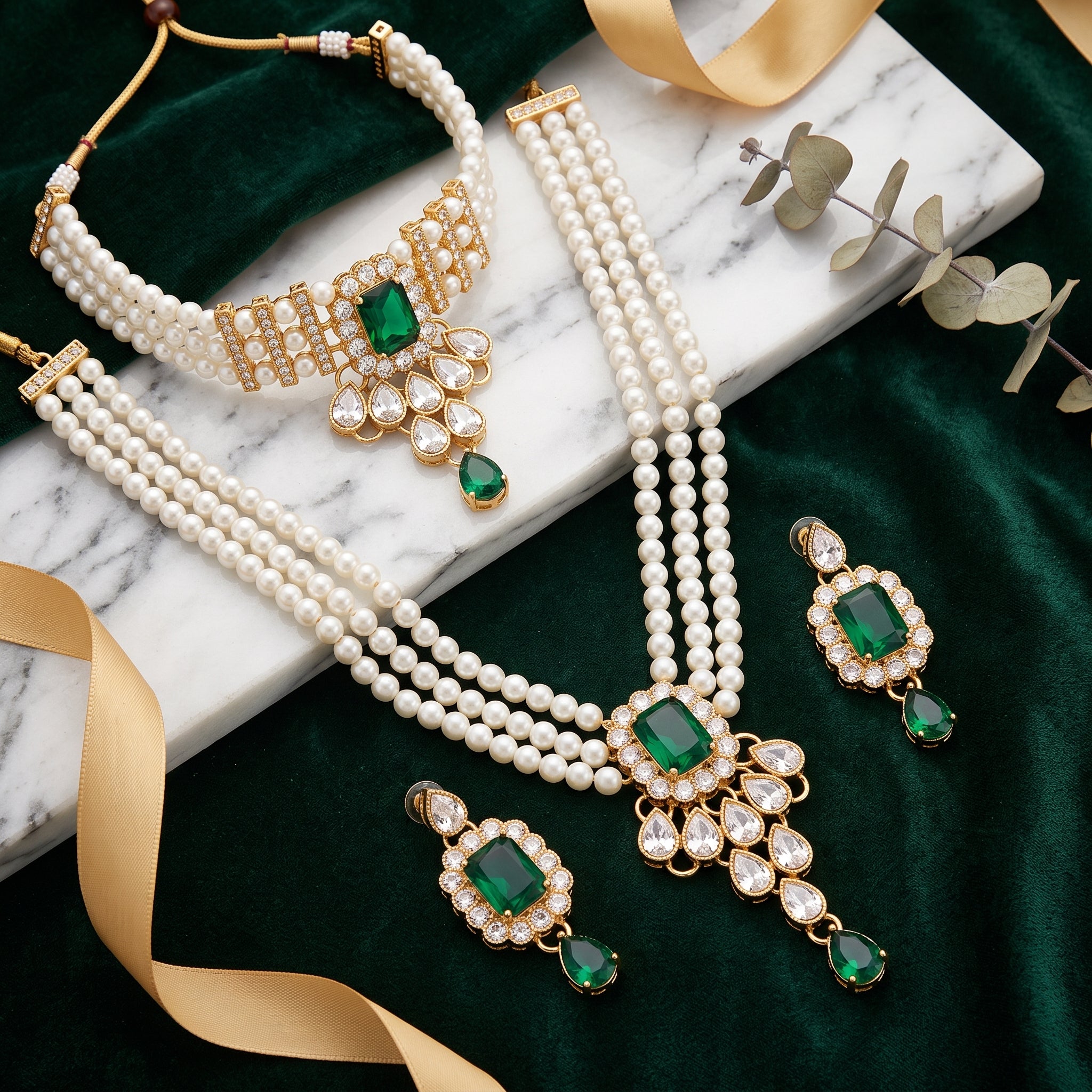 Maharani Emerald Pearl Bridal Layered Set