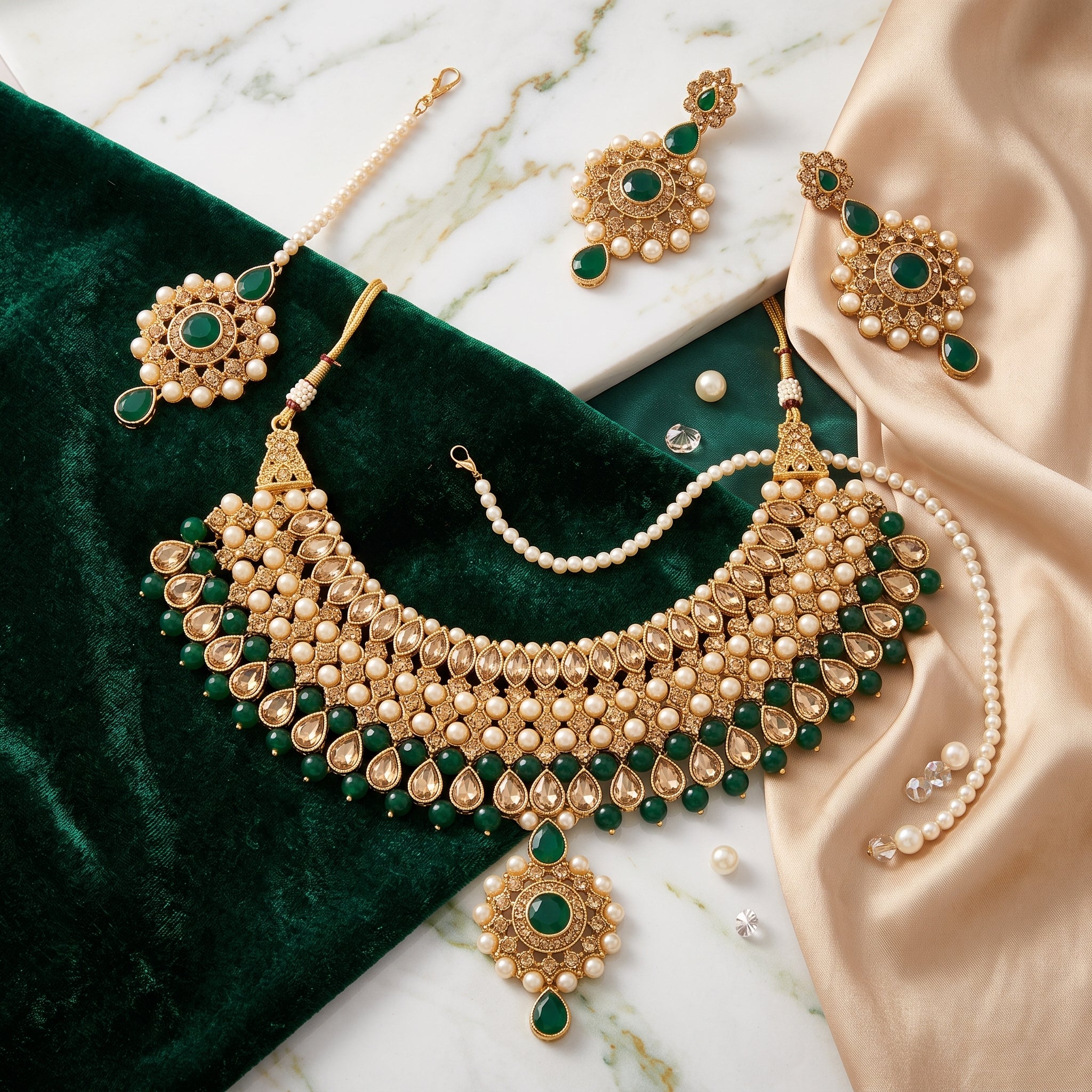 Maharani Emerald Pearl Bridal Choker Set