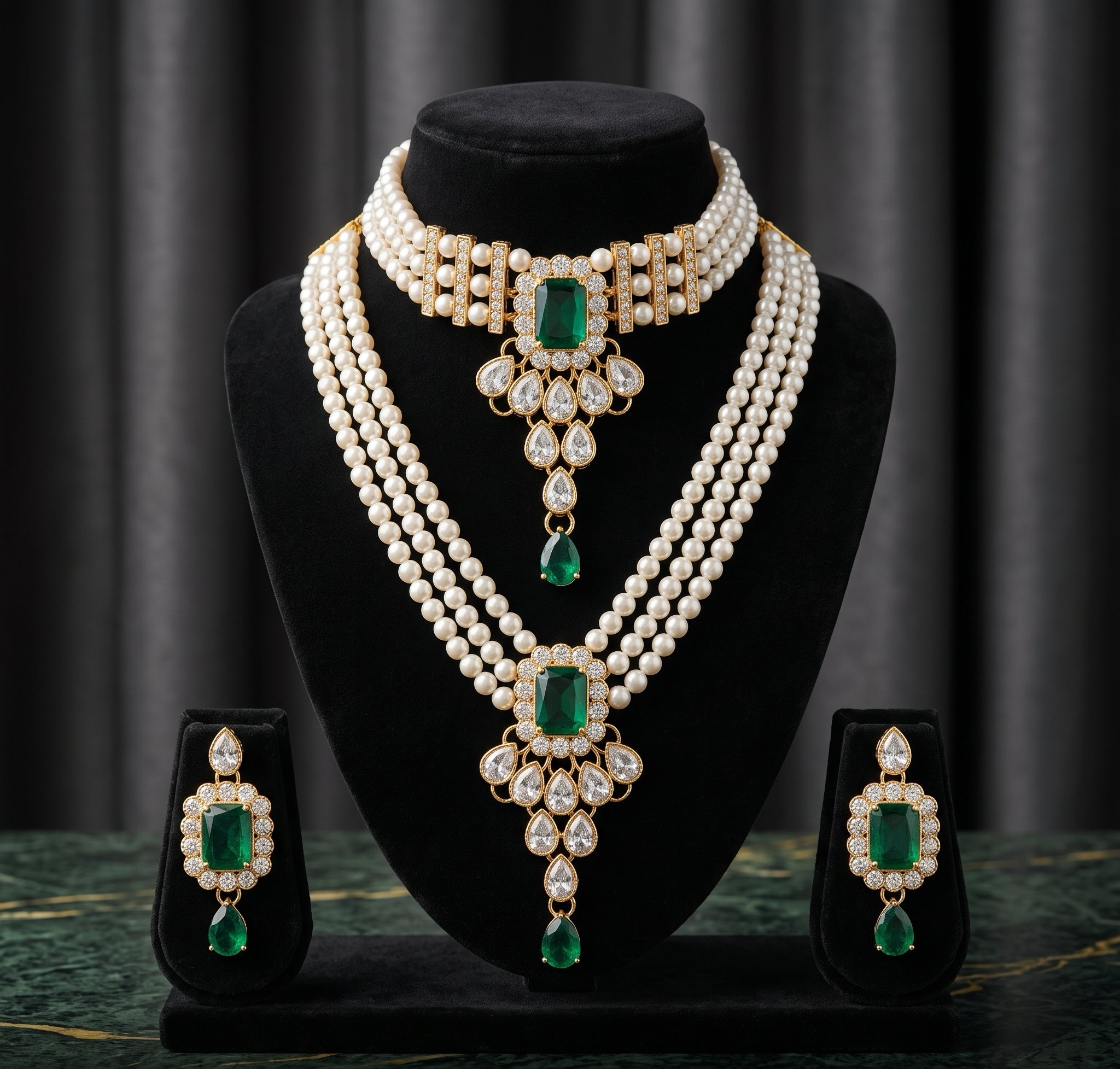 Maharani Emerald Pearl Bridal Layered Set