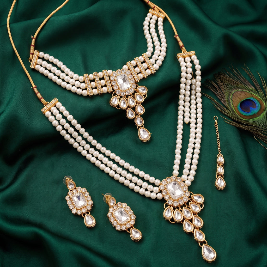Rajvanshi Pearl Kundan Bridal Jewellery Set | Necklace + Earrings + Maang Tikka